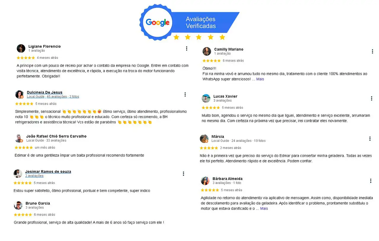 Avaliações cinco estrelas de clientes da BH Refrigeradores no Google